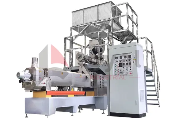 Twin screw extruder for soya chunks texturization
