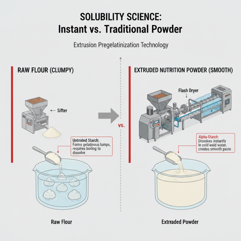 Comparison: Raw flour clumping in water vs Extruded nutrition powder dissolving smoothly