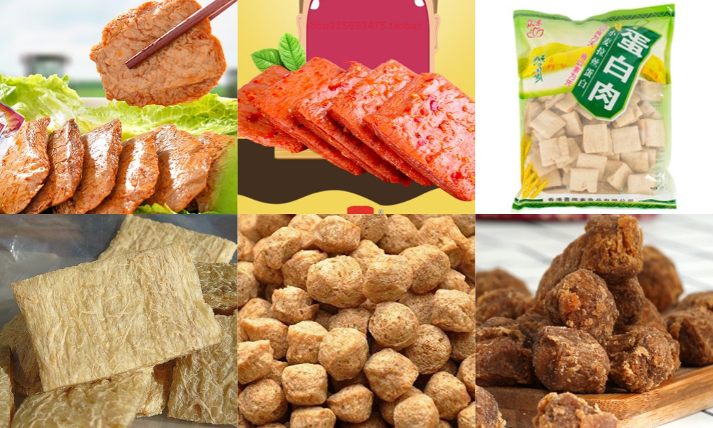 Muestras de Productos de Proteína Texturizada - Hamburguesas a la Parrilla, Rebanadas, Trozos y Migas